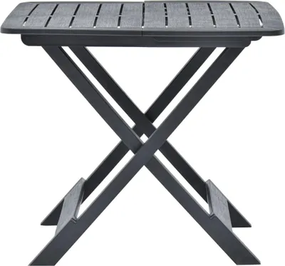 A dark gray folding garden table with a slatted top and X-shaped legs, shown against a white background.