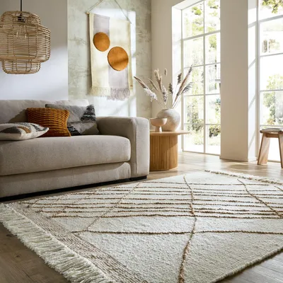 Produktbild von Teppich Kurzflor Streifen Muster, Abstrakt, Wohnzimmer Beige-Natur Rechteckig 200x300 | 48% Wolle, 27% Polyester, 13% Baumwolle, 12% Jute, ohne Rückenbeschichtung | Florhöhe: 0 cm | Handgewebt