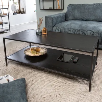 Produktbild von riess-ambiente Moderner Couchtisch SLIM LINE 120cm Eschenholz-Design schwarz Metall mit Ablage Beistelltisch Tisch