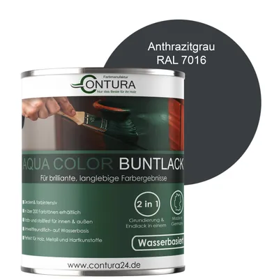 Produktbild von Contura 750ml. Buntlack Lackfarbe Lack Außen Innen Holz Metall Farbe Holzlack Möbellack - Seidenmatt - RAL 7016 Anthrazitgrau