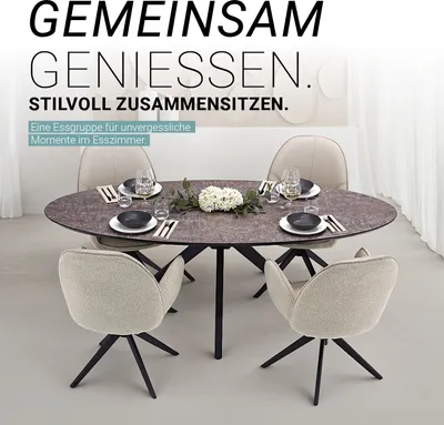 Produktbild von Homestyle4u Esstisch mit 4 Stühle Set Essgruppe mit 4 Stühlen drehbar Beige oval rund Schwarz Esszimmergruppe