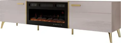 Produktbild von MIRJAN24 TV-Lowboard Picru 2D EF mit Kamin, TV-Schrank mit zwei Klappen, Realistische LED-Flamme, Stilvoll Wohnzimmer Kollektion (Farbe: Cashmere / Cashmere Hochglanz + Gold)