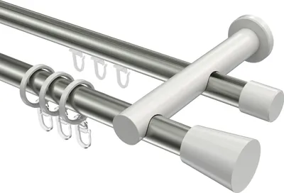 Produktbild von Interdeco Rundrohr-Innenlaufstange / Gardinenstange (Kombination) Edelstahl-Optik / Weiß, Typ Platon Sitra (Konus), 20 mm Ø 2-läufig, 440 cm