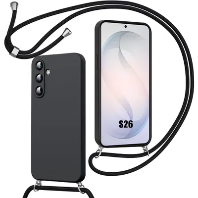 Image de Coque pour Samsung Galaxy S26, Protection Silicone Souple Anti-Rayure Antichoc avec Cordon Noir