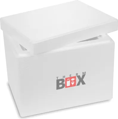 A white styrofoam cooler box with its lid slightly ajar, displaying a logo on the front.