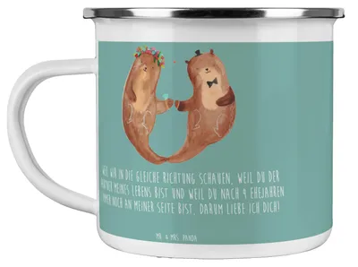 Produktbild von Mr. & Mrs. Panda Blechtasse 4. Hochzeitstag Seidenhochzeit - Meeresbrise - Geschenk, Campingbecher, Partner, Heirat, Jubiläum, Pott, Geschenke, Heiraten, Emaille Tasse