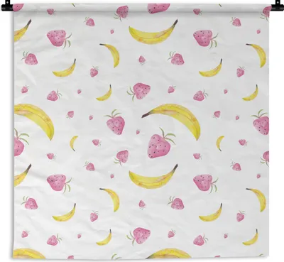 Produktbild von MuchoWow® Wandteppich Wandbehang Banane - Erdbeere - Weiß - Design 150x150 cm Tapisserie Dekoration Wandtuch - Wohnaccessoires - Modernes