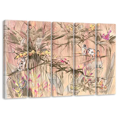 Produktbild von 5-teiliges leinwandbild dschungel-affen 150x100 cm Feeby rosa wandbild bereit zum aufhängen