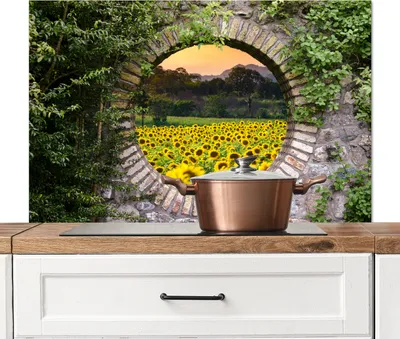 Obrázok produktu pre KitchenYeah® Splashback kitchen - kuchynský splashback - ochrana steny sporáka a drezu - priehľadný - kvety - slnečnica 100x65 - Alu-Dibond (alternatíva skleneného splashbacku) - tepelne odolný - H