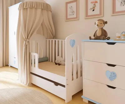 Produktbild von ZEE HEART Set Weiß Babybett 120x60 mit Schublade + Wickelkommode mit Wickelaufsatz Skandinavisches Design Herz Blau Babyzimmer