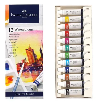 Zdjęcie produktu dla Faber-Castell 169612 - Farby akwarelowe Creative Studio, 12 tubek po 9 ml każda, w tym paleta do mieszania