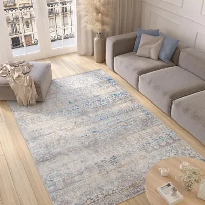 A modern living room with a gray sofa, a patterned rug, and a coffee table.