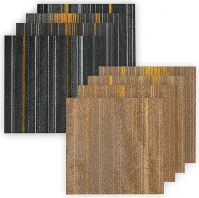 Several carpet tiles are stacked and fanned out, showing different patterns and colors.