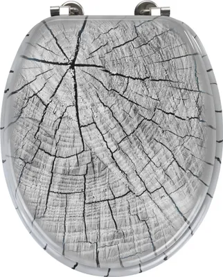 A toilet seat with a wood grain pattern.