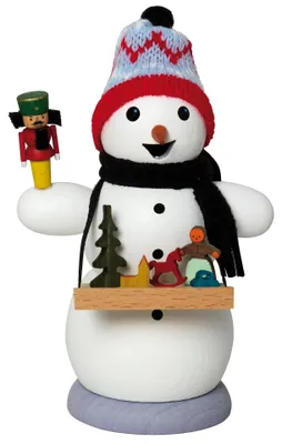 Productafbeelding van Kuhnert rookfiguur - Sneeuwpop als verkoper op de kerstmarkt - ongeveer 13 cm - geschikt voor rookkaarsen maat M - traditioneel houtwerk uit het Erzgebergte