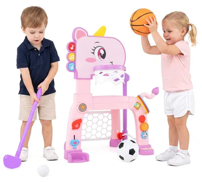 Image de Panier de basket 4 en 1 COSTWAY, ballon de basket pour enfants à partir de 1 an, support de basket réglable en hauteur de 62 à 70 cm avec but de football, jeu de golf et jeu de lancer de cerceaux
