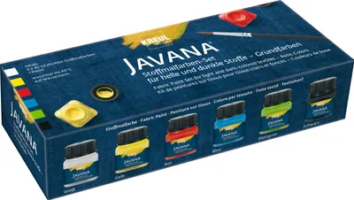 A product box for fabric paints, showing the packaging and the paint bottles inside.