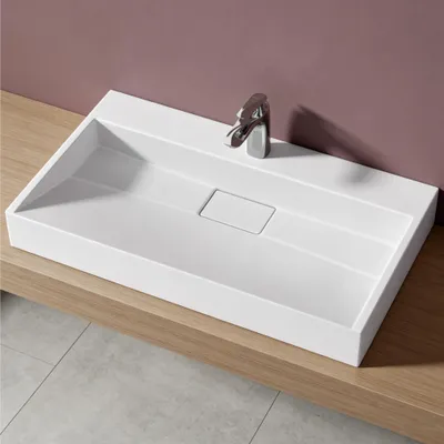 Produktbild von doporro Waschbecken Aufsatzwaschbecken Mineralguss Hängewaschbecken Waschtisch matt weiß 80x46x11cm mit Armaturloch inkl. Ablaufgarnitur Colossum19