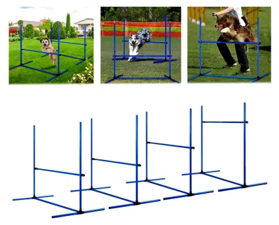 Produktbild von Agility Ausrüstungsset für Hunde, Hürdenset mit 4 höhenverstellbaren Hürden, Trainingsset für Hunde mit Slalomstangen und Tragetasche, 104x70x101 cm, Blau