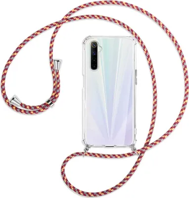 Produktbild von Handykette Backcover-Schutzhülle mit Band (Metall silberfarben) für Realme 6 / 6S - weinrot/gelb/grau
