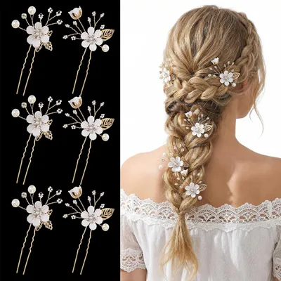 Produktbild von 6 Stück Haarschmuck Hochzeit Braut Brautschmuck Haare, U-Förmig Pearl Hair Pins Mit Perlen Und Blume Haarnadeln Für Mädchen Damen Frauen Bräute Braut