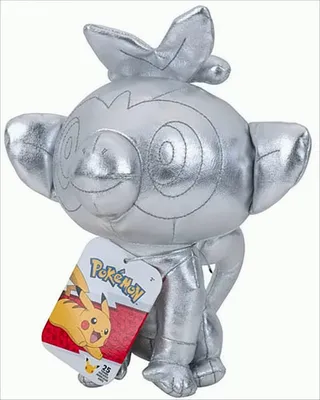 A silver plush toy of the Pokemon Chimpep, with a Pokemon branded tag attached.