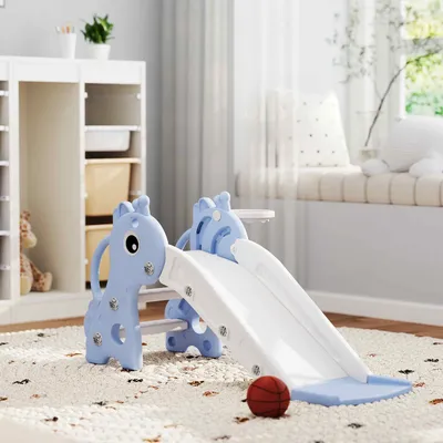 Produktbild von SUGIFT 3-in-1 Kinderrutsche mit Basketballkorb, Klettergerüst, Ball, Kunststoff, Blau | 106x51,5x52 cm | Giraffendesign | 1-3 Jahre | bis 30 kg