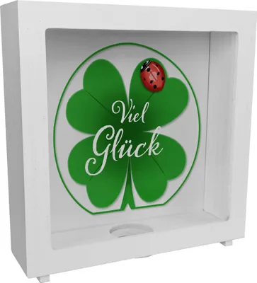 Produktbild von Viel Glück Rahmen Spardose aus Holz mit Kleeblatt und Marienkäfer