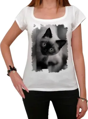 Produktbild von Damen Grafik T-Shirt Siamesische Katze späht – Siamese Cat Peering – Öko-Verantwortlich Vintage Jahrgang Kurzarm Lustige Druck Geburtstag Geschenk