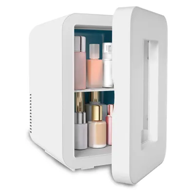 Produktbild von Puluomis Mini-Kühlschrank 8L mit Kühl- und Wärmefunktion, 5°C bis 60°C, transparentes Sichtfenster, 220-240V/12V, ≤30dB leise für Kosmetik, Getränke
