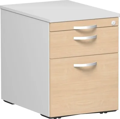Produktbild von Gera Rollcontainer Hängeregistratur und 1 Kunststoff-Schubfach, mit Utensilienschubfach, Metall-Rollschubführung, Zentralverriegelung, verdeckte Doppel-Lenkrollen, 438x600x565, Buche/Lichtgrau