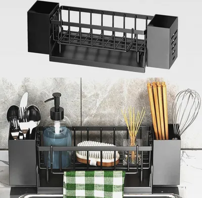Produktbild von Spülbecken Organizer Küchen,Spülbecken-Organizer Küchen-Organizer Enthält zwei Essstäbchenhalter für Küchenzubehör Schwämme/Bürsten/Seifenschalen (Schwarz)