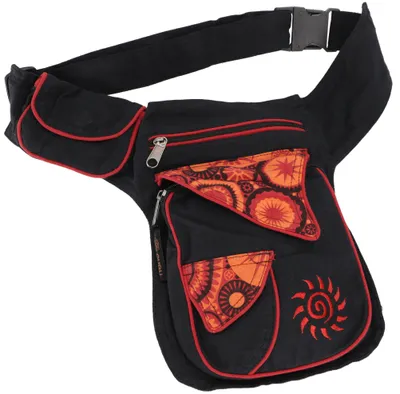 Produktbild von Stoff Sidebag & Gürteltasche, Goa Hüfttasche, Bauchtasche mit Stickerei Sonne - Schwarz/rot, Uni - Erwachsene, Baumwolle, 25*20*10 cm, Festival- Bauchtasche Hippie