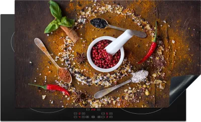 Produktbild von KitchenYeah© Herdabdeckplatte Mörser - Kräuter - Löffel - Gewürze - Braun - Pfeffer , 91x52cm, Küche Deko, Glaskeramikkochfeld Herdabdeckung, Abdeckplatte fùr Kochfeld