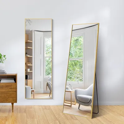 Image de Miroir complet, 147 x 44 cm, miroir mural rectangulaire pleine longueur avec cadre en aluminium doré, idéal pour chambre à coucher ou dressing