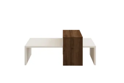 A modern coffee table with a white base and a brown wooden section.