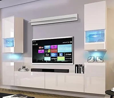 Immagine prodotto di Furnitech Parete attrezzata soggiorno - Mobili da soggiorno con LED RGB - Parete attrezzata moderna con mensole e mobile TV (Future 68/HG/W/2 1B)