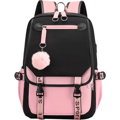 Produktbild von Schulrucksack Mädchen Teenie Rucksack mit USB Ladeanschluss Wasserdicht Laptoptasche Schultasche Schwarz Rosa