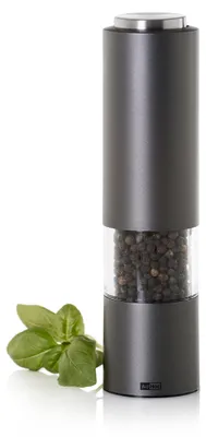 Image de Moulin à poivre/sel électrique AdHoc eMill.3, équipé d'un mécanisme de broyage en céramique CeraCut®, incluant les piles, en plastique, couleur gris foncé, avec des éléments en acier inoxydable et en acrylique, diamètre : 5 cm, hauteur : 21,5 cm