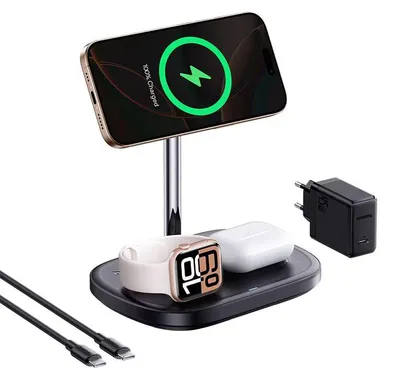 Produktbild von Induktionsladegerät Baseus EnerFill FS41 3-in-1 mit Kühlung, EU-Stecker, 45W und USB-C auf USB-C Kabel – Schwarz