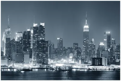 Produktbild von Wallario Premium Glasbild, freischwebende Optik, kräftige Farben, Größe 90 x 60 cm Motiv New York Skyline - Schwarz Weiß Blau