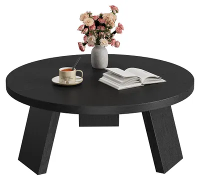 Obrázok produktu pre Okrúhly konferenčný stolík, priemer 85 cm, vhodný do obývačky, s nohami z MDF, čierna štruktúrovaná farba