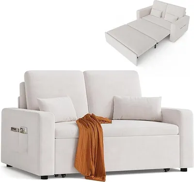 Zdjęcie produktu dla Sofa rozkładane, 147x196x87 cm, dwuosobowe, z funkcją spania, nowoczesne, obite welurem, kolor beżowy