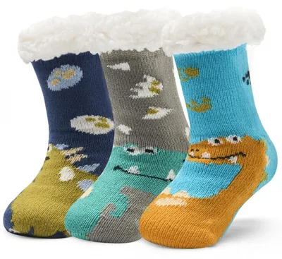 Produktbild von Kindersocken 3 Paar Dicke Wintersocken Antirutsch Haussocken Jungen Mädchen 23-31/3-10 Jahre Mix Dinosaurier