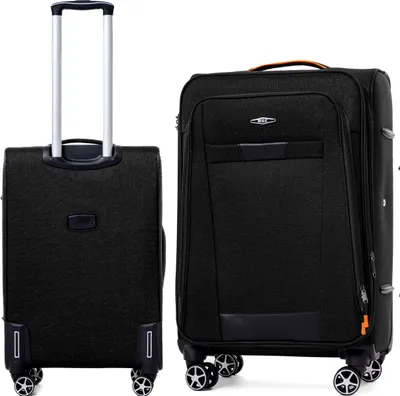 Two black suitcases are shown side-by-side against a white background. The suitcase on the left is upright with its handle extended. The suitcase on the right is also upright and appears slightly larger.