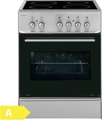 A freestanding electric oven with a ceramic hob and oven cavity.
