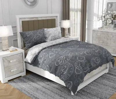 Produktbild von Bettwäsche 140x200 cm + 2x70x80 cm, 3-teilig, 100% Baumwolle, Satin, Reißverschluss, Uhr, Grau - SOVIO | So.9041