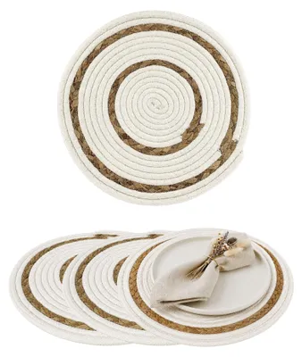Produktbild von Rundes Tischset Boho geflochten 30cm, Platzset aus Seegras & Baumwolle, dekorative Unterlage für Teller & Esstisch Schutz 4 Stück