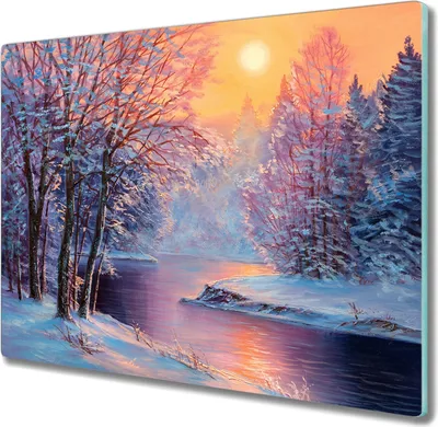 Produktbild von Coloray Herdabdeckplatte 60x52 cm Schneidebrett Kochplattenabdeckung Küchenbrett Hackbrett - Winter Baum Fluss Sonne