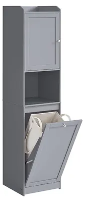Image de Armoire de salle de bain avec panier à linge et poignées – MDF polyester gris, 40 x 40 x 170 cm